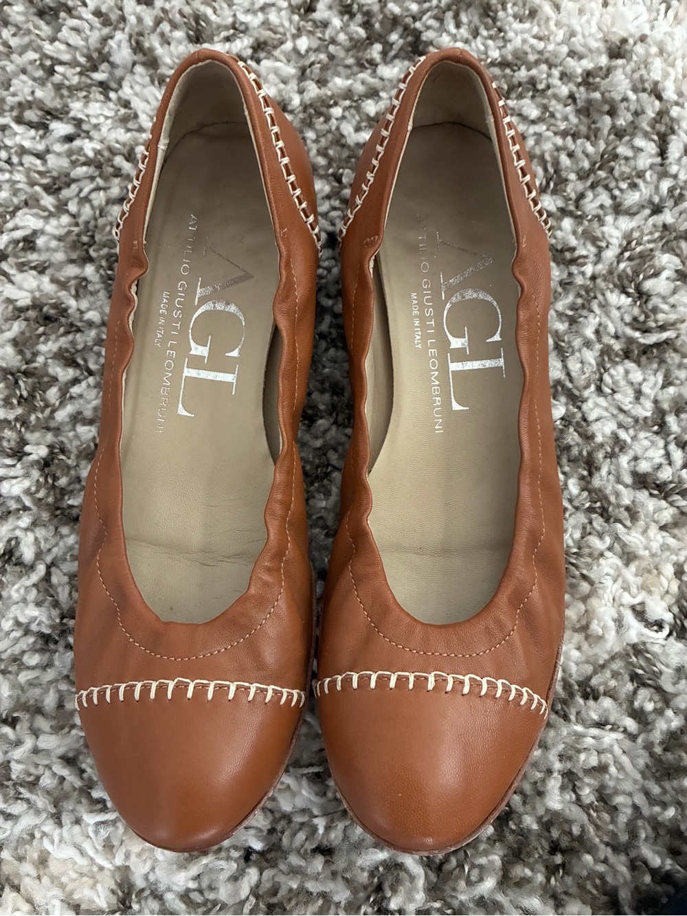 AUTHENTIC AGL Women’s Cognac Leather Ballet Flats with Contrast Stitching